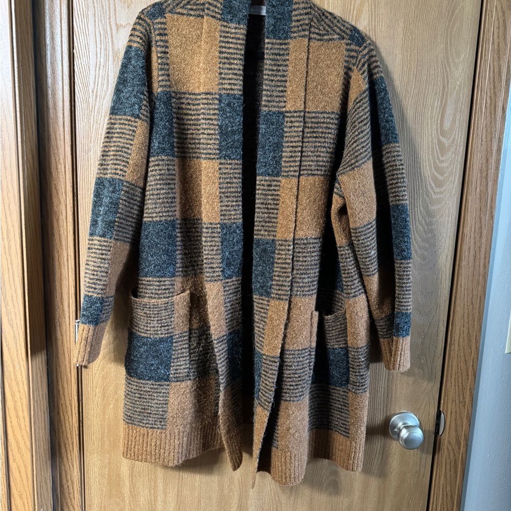 Plaid Open-Front Sweater Cardigan